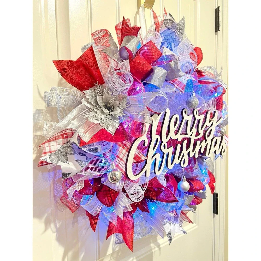 Christmas Poinsettia Holiday Ribbon Door Wreath Handmade 22 ins LED W15